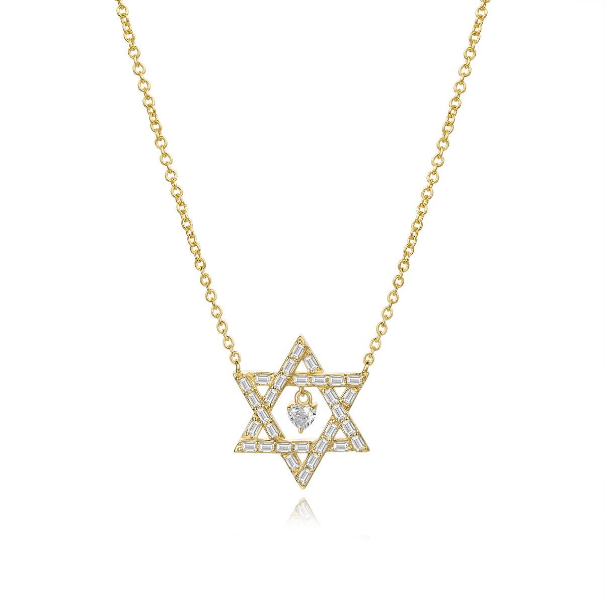 Collier étoile de David en or 14 carats avec cœur au centre Pour femmes en vente