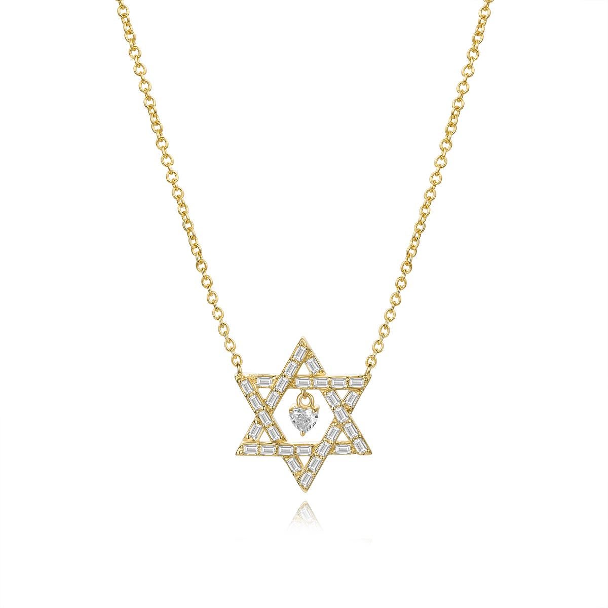 14K Star of David Diamond Necklace

Necklace Information
Diamond Type : Natural Diamond
Metal : 14k Gold
Metal Color : Yellow Gold
Total Carat Weight : 0.34 ttcw
Diamond Type : Baguettes and Heart
Diamond Color Clarity : G SI
Diameter :