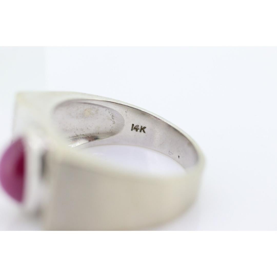 14k Star Ruby diamond ring. 14k White Gold Mens Star Ruby Cabochon signet ring. For Sale 6
