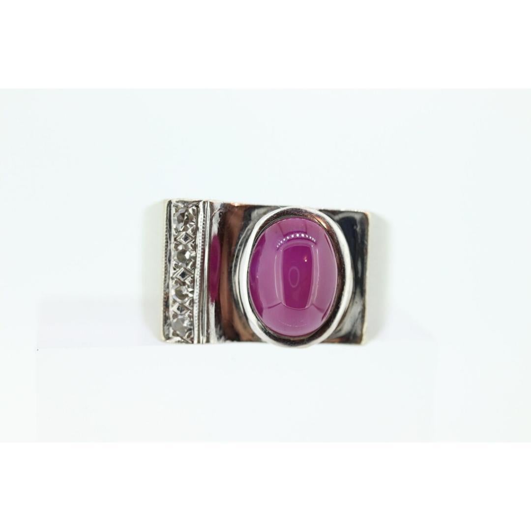 14k Star Ruby diamond ring. 14k White Gold Mens Star Ruby Cabochon signet ring. For Sale 1