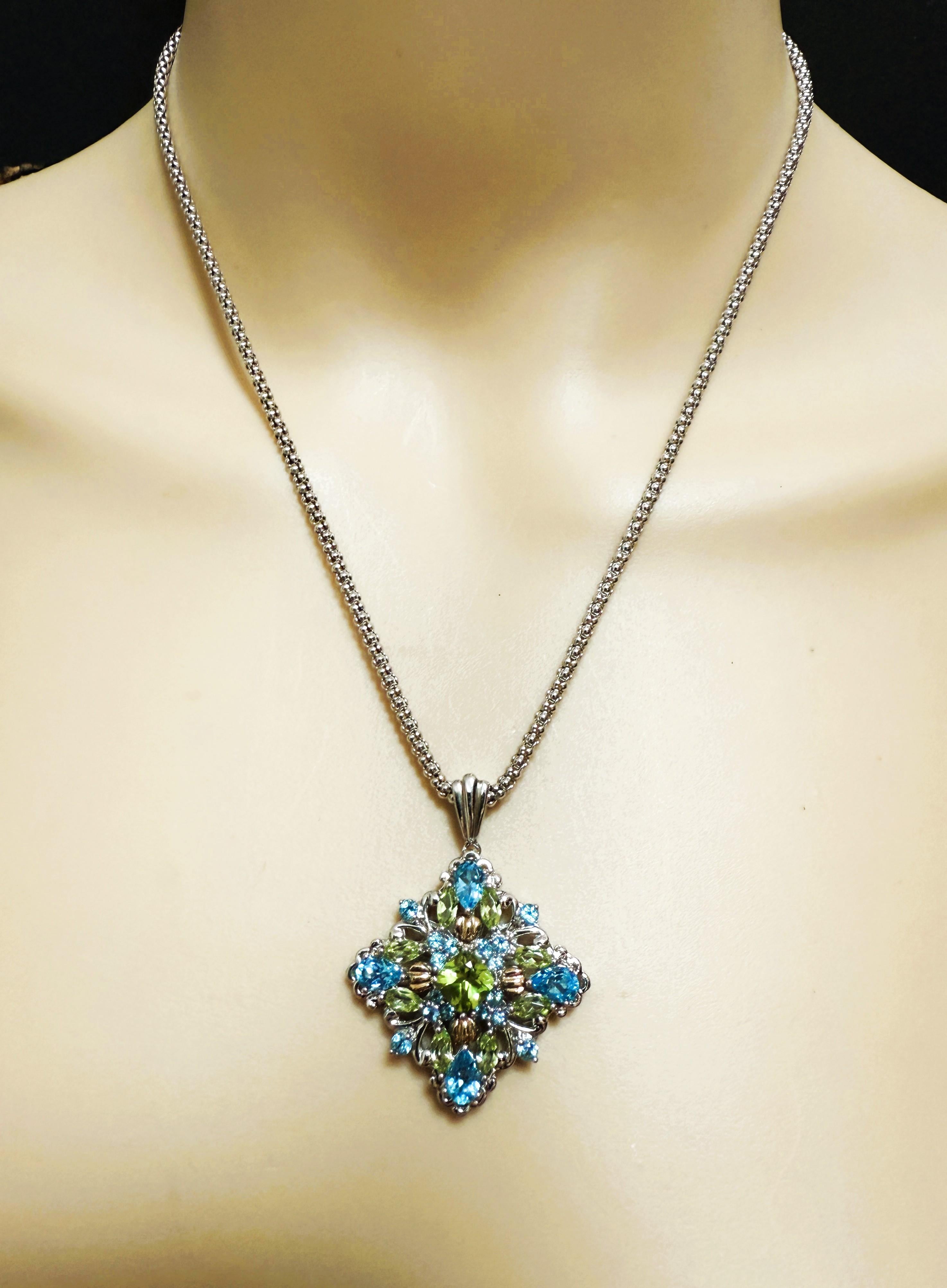 14K e Sterlina Collana con peridoto da 1 carato e topazio blu da 2 carati Catena di sterlina In condizioni Nuovo a Eagan, MN