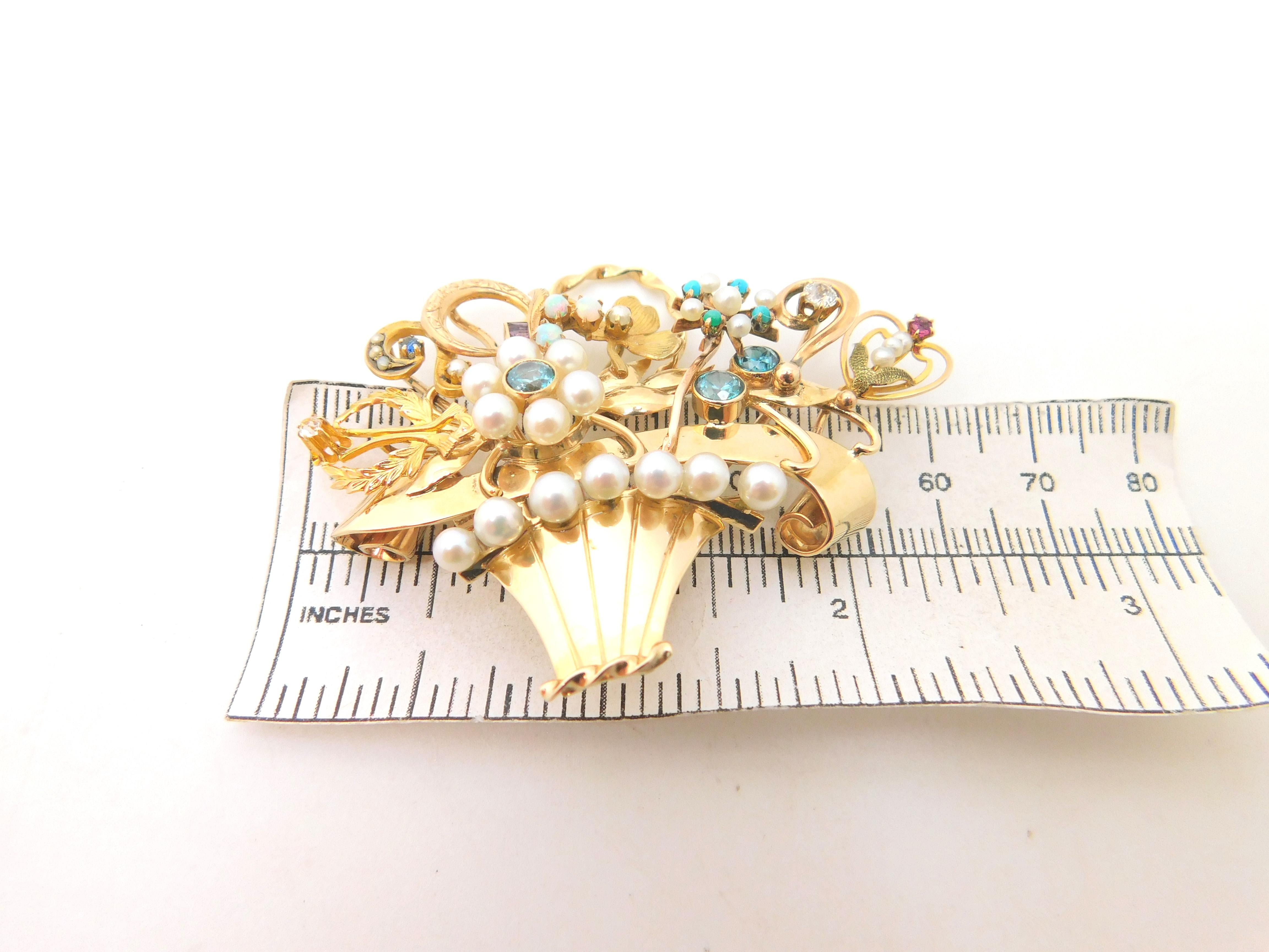 Art Deco 14K Stick Pin Collection Flower Basket Brooch For Sale