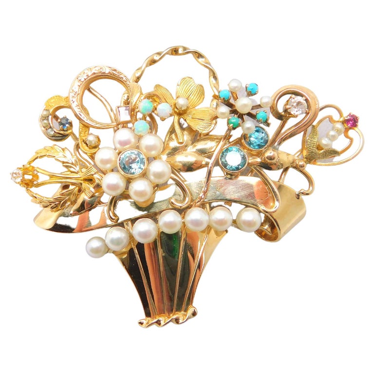 14K Stick Pin Collection Flower Basket Brooch For Sale at 1stDibs