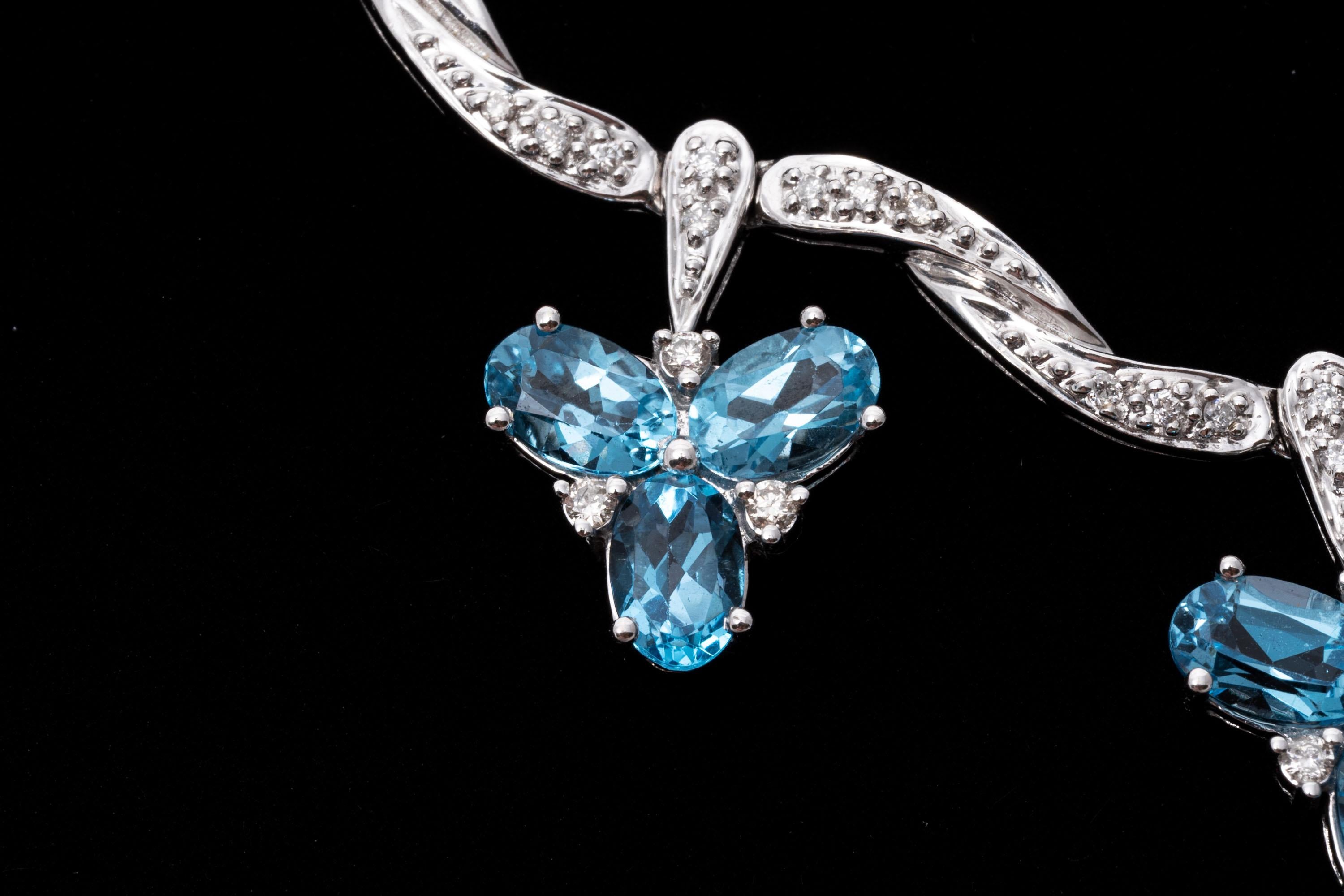 14k Striking Undulating Diamond and Blue Topaz Cluster Fringed Necklace In Good Condition For Sale In Southport, CT