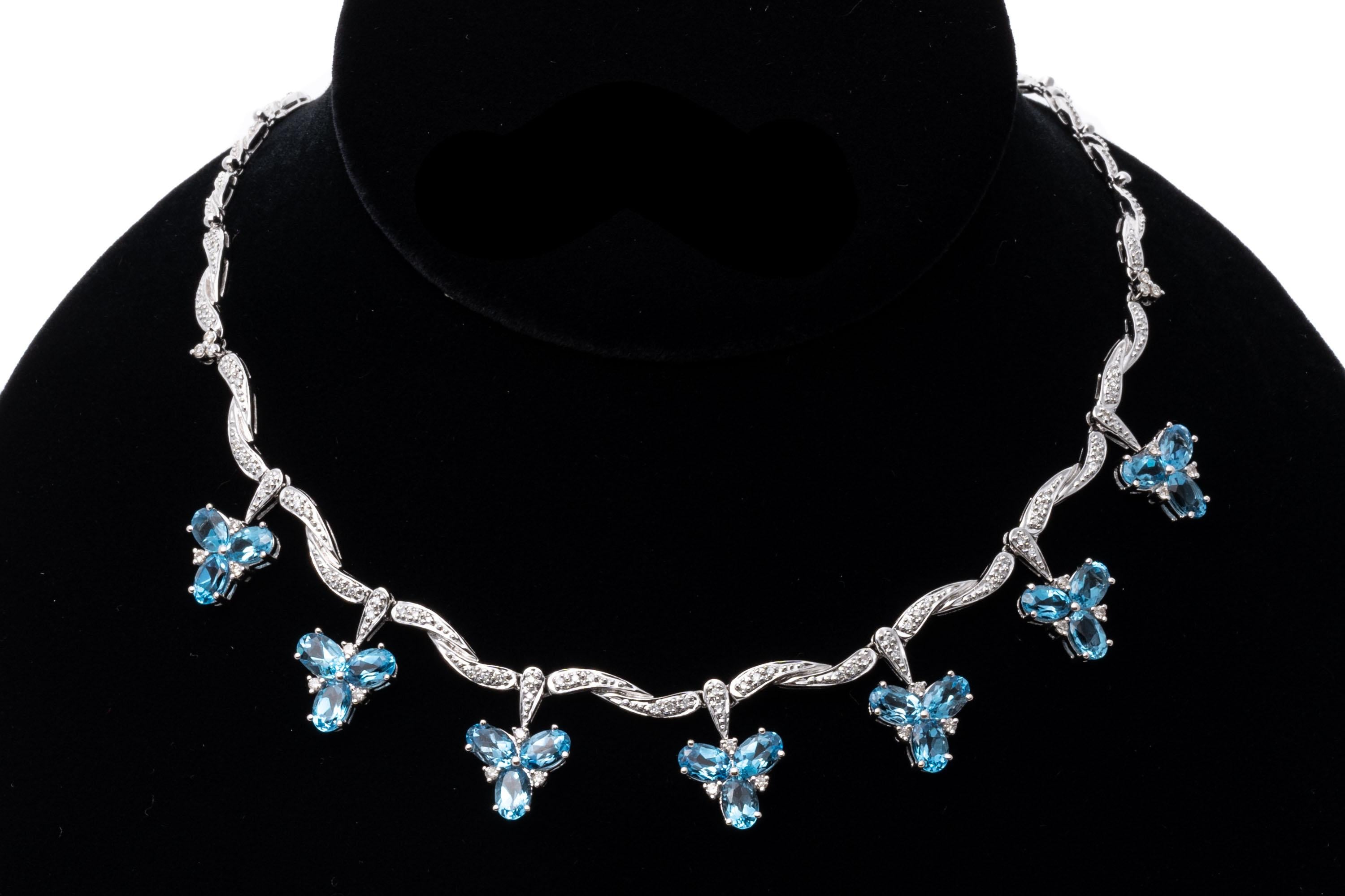 14k Striking Undulating Diamond and Blue Topaz Cluster Fringed Necklace For Sale 1