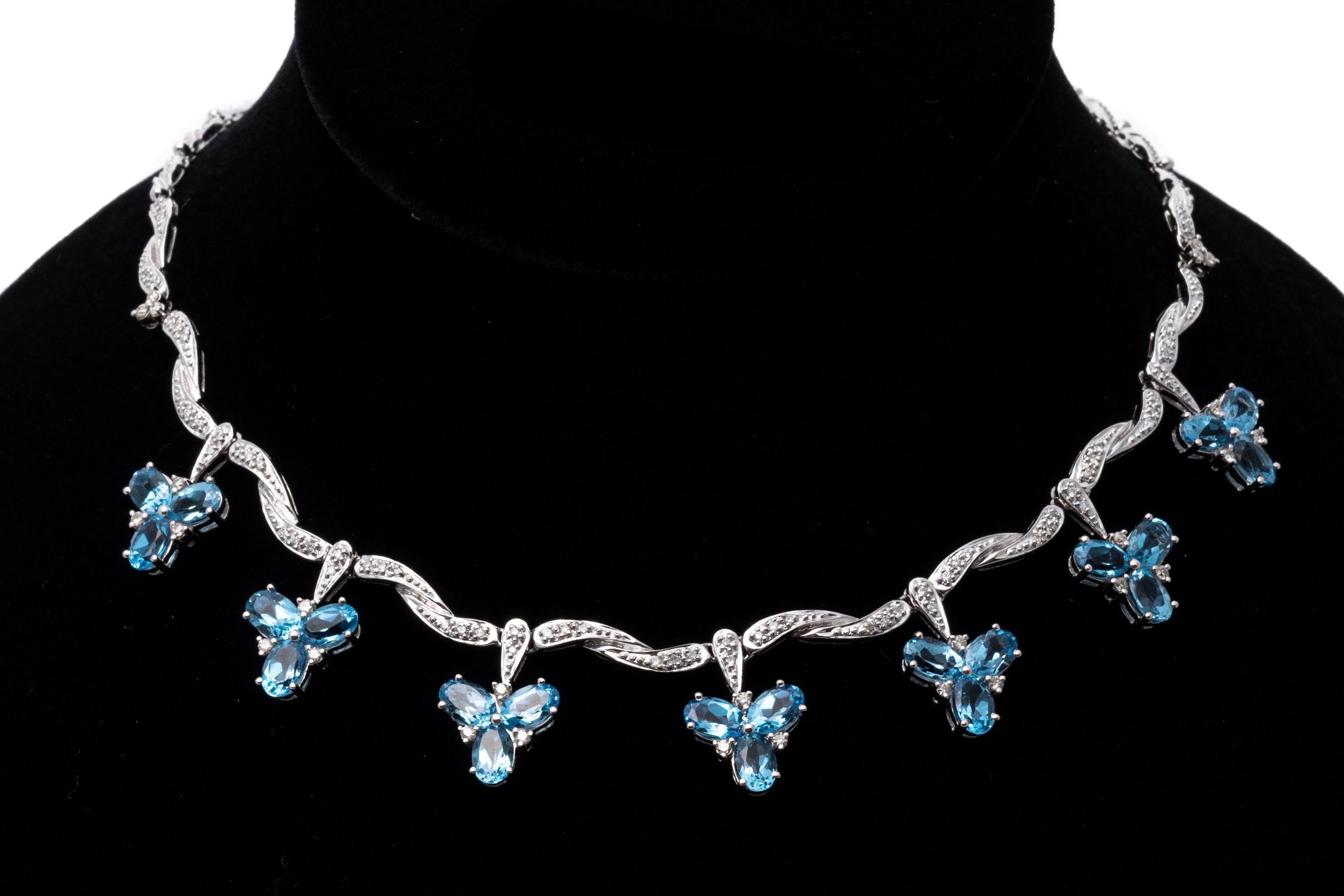 14k Striking Undulating Diamond and Blue Topaz Cluster Fringed Necklace For Sale 2