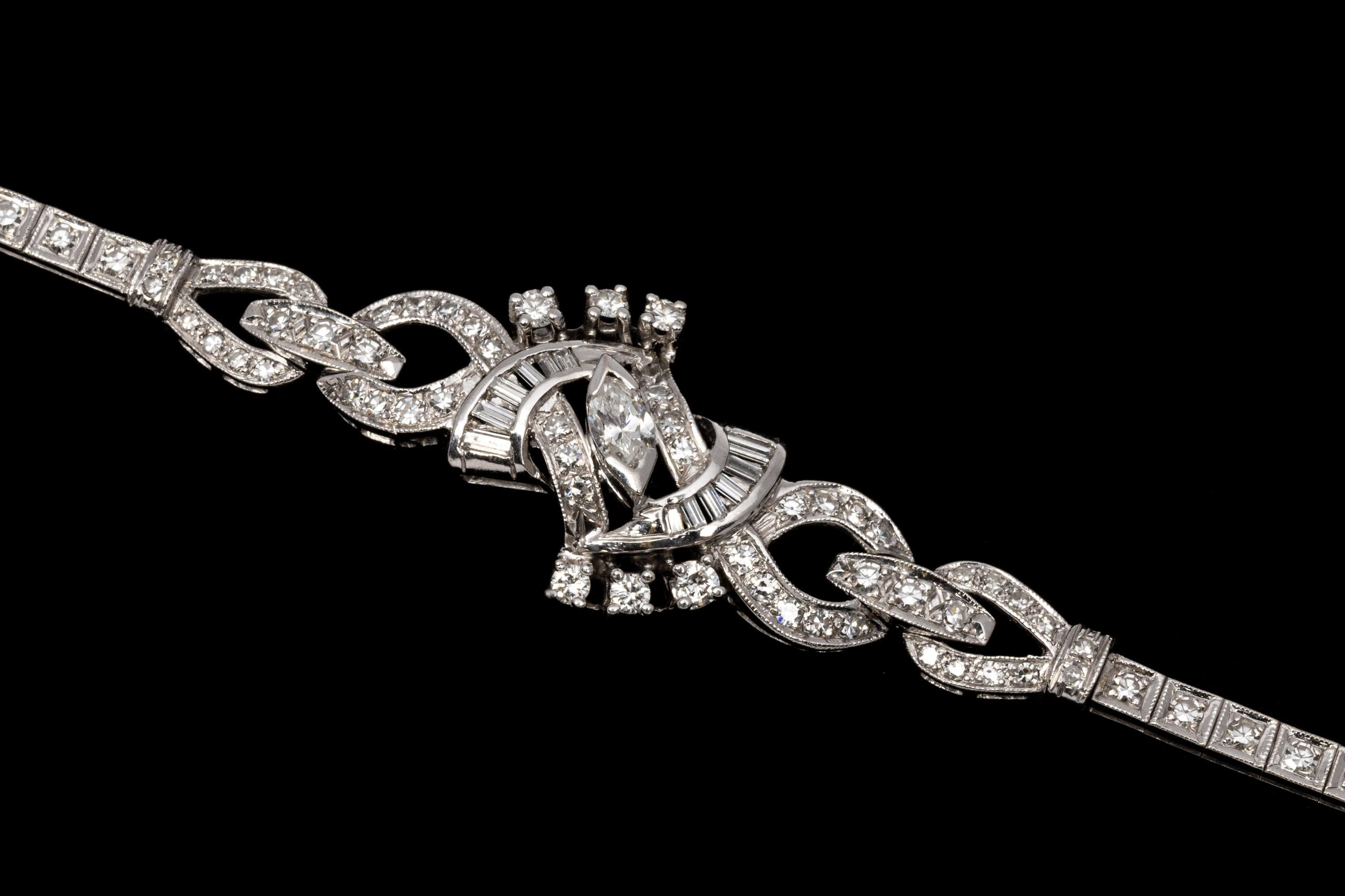 Marquise Cut 14k Gold Retro Baguette, Marquise and Round Diamond Bracelet, App. 1.15 TCW For Sale