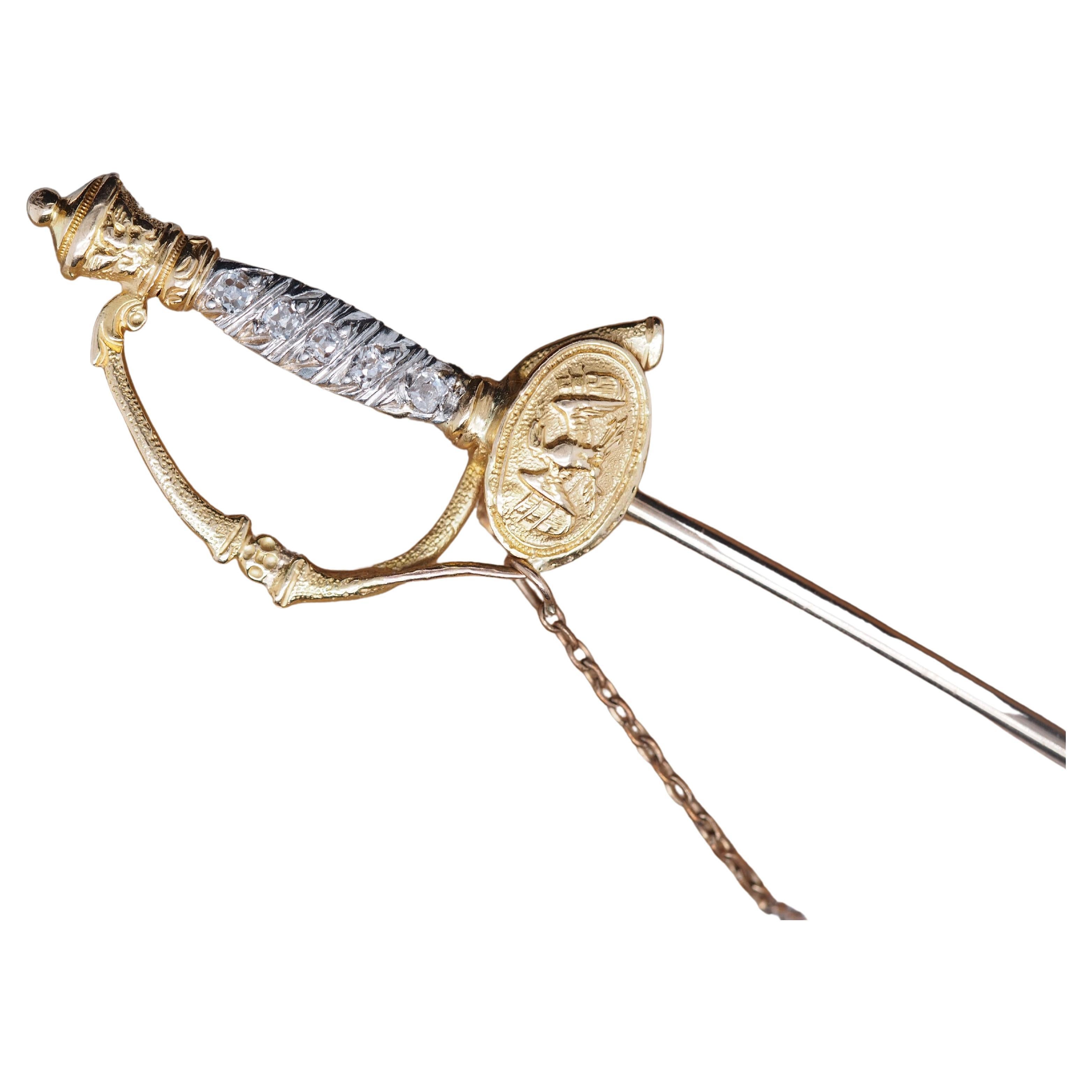 14k Sword Pin with Diamonds and Intricate Detail