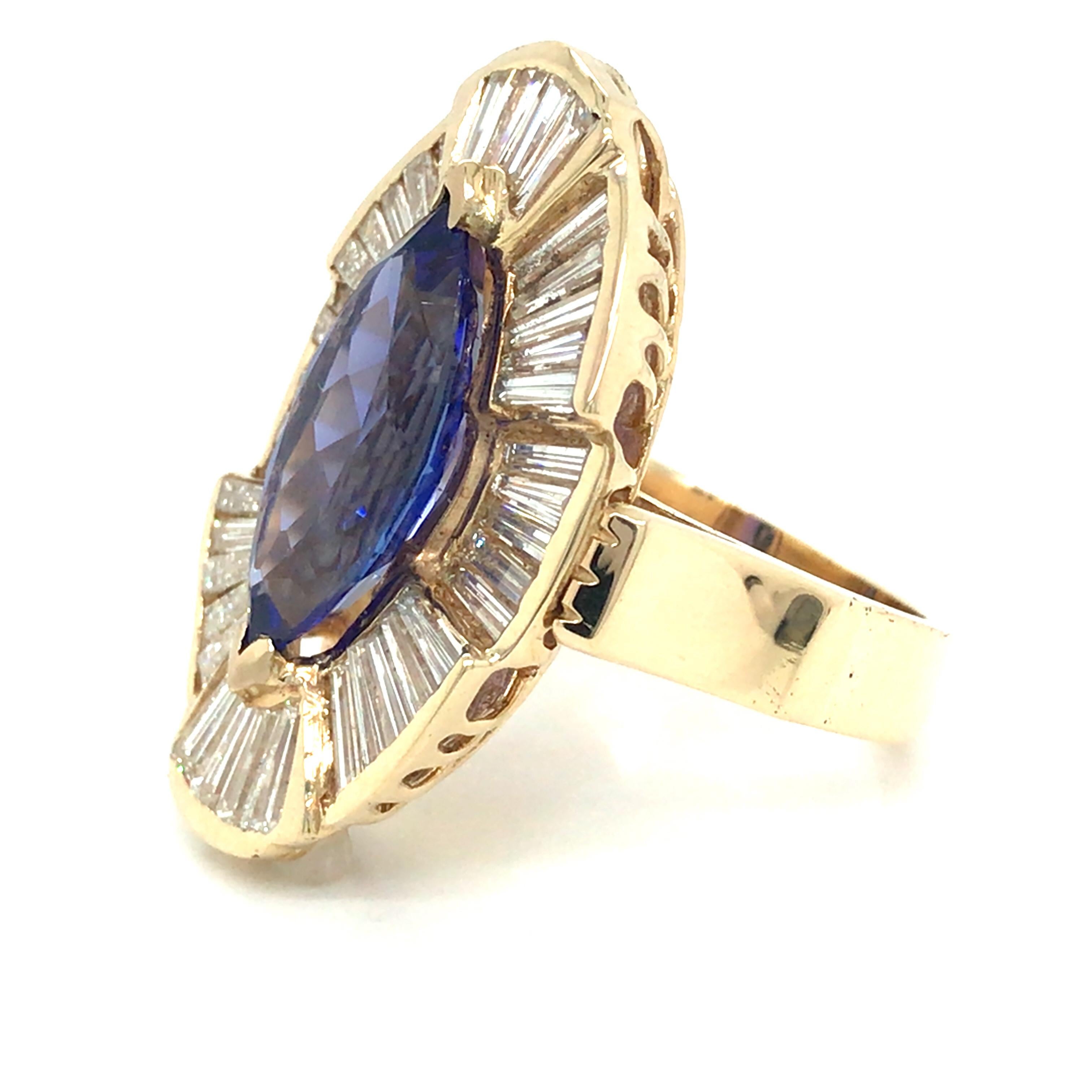 Marquise Cut 14K Tanzanite and Diamond Ring Yellow Gold For Sale