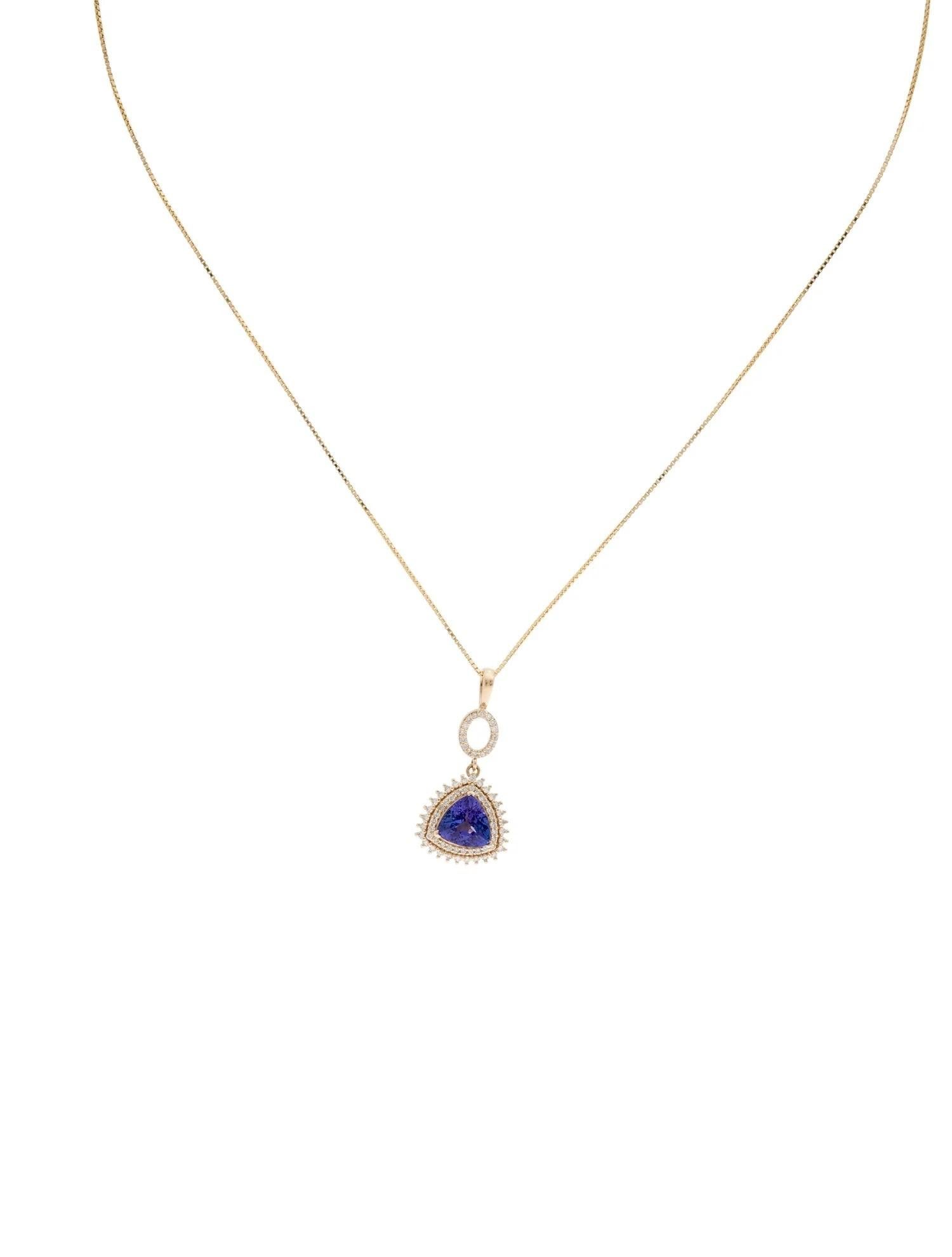 Round Cut 14K Tanzanite & Diamond Pendant Necklace, Modified Triangular Brilliant Tanzanit For Sale