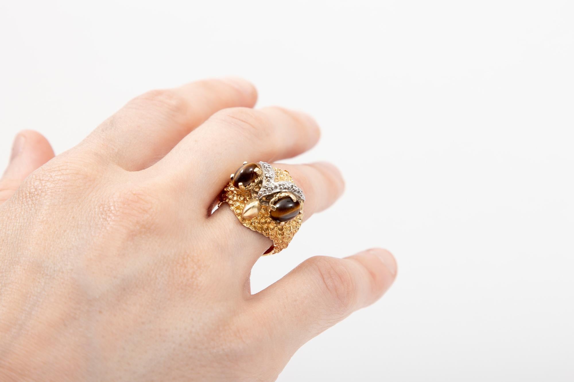 14k Texturierter Eulenkopf-Ring mit Diamanten, Größe 7,25 im Angebot 4
