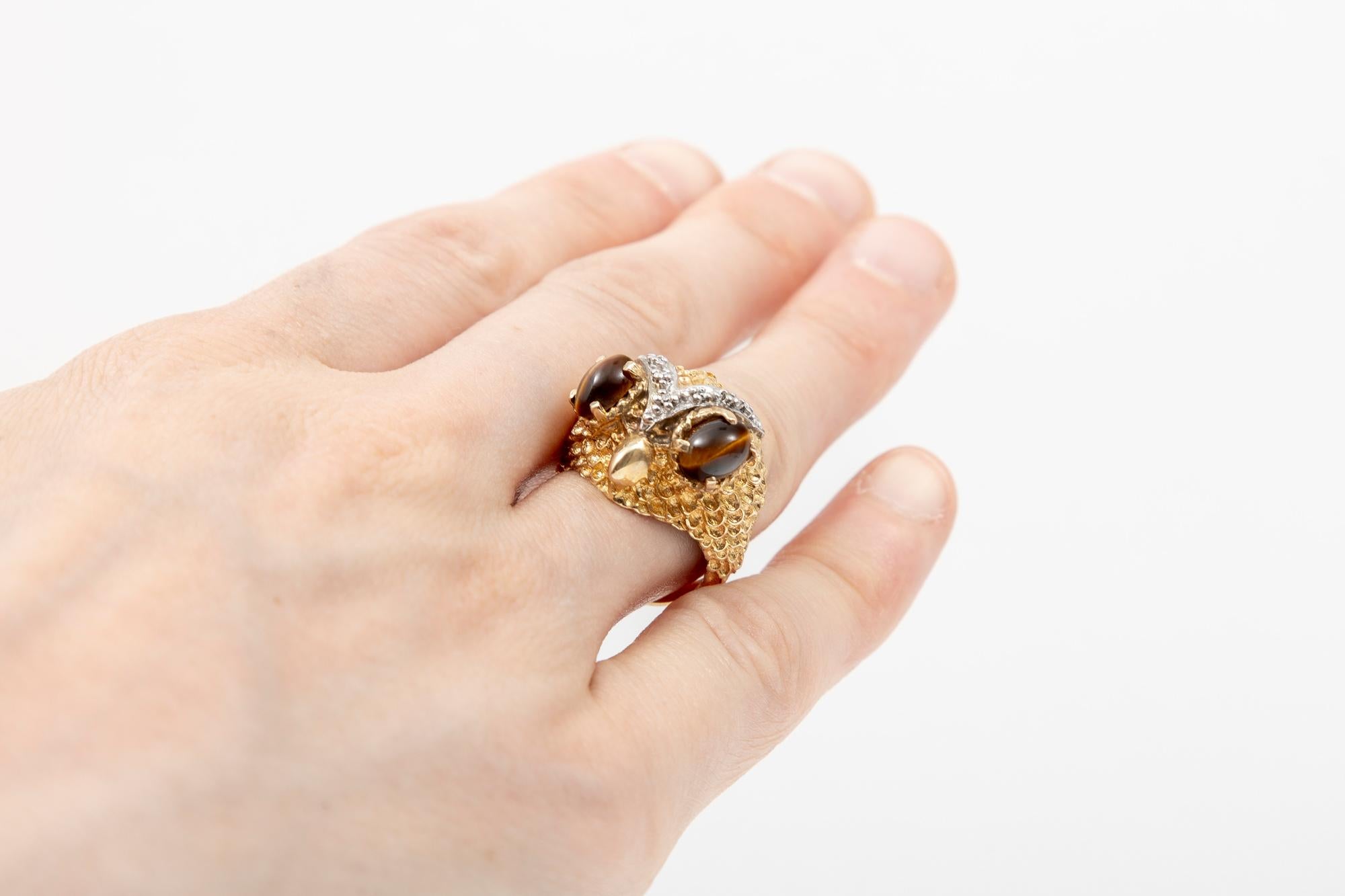 14k Texturierter Eulenkopf-Ring mit Diamanten, Größe 7,25 im Angebot 5