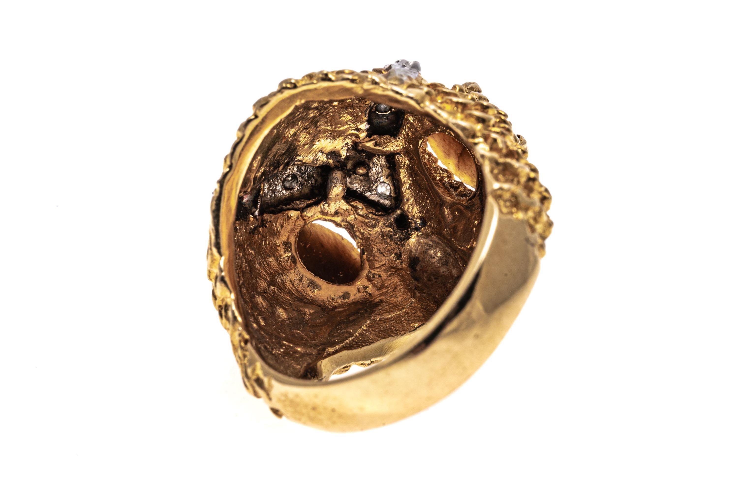 14k Texturierter Eulenkopf-Ring mit Diamanten, Größe 7,25 im Zustand „Gut“ im Angebot in Southport, CT