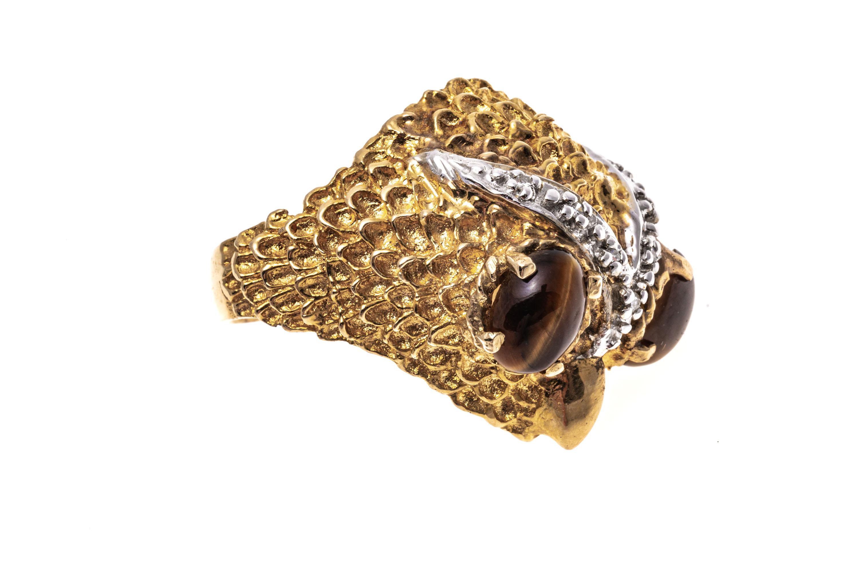 14k Texturierter Eulenkopf-Ring mit Diamanten, Größe 7,25 Damen im Angebot
