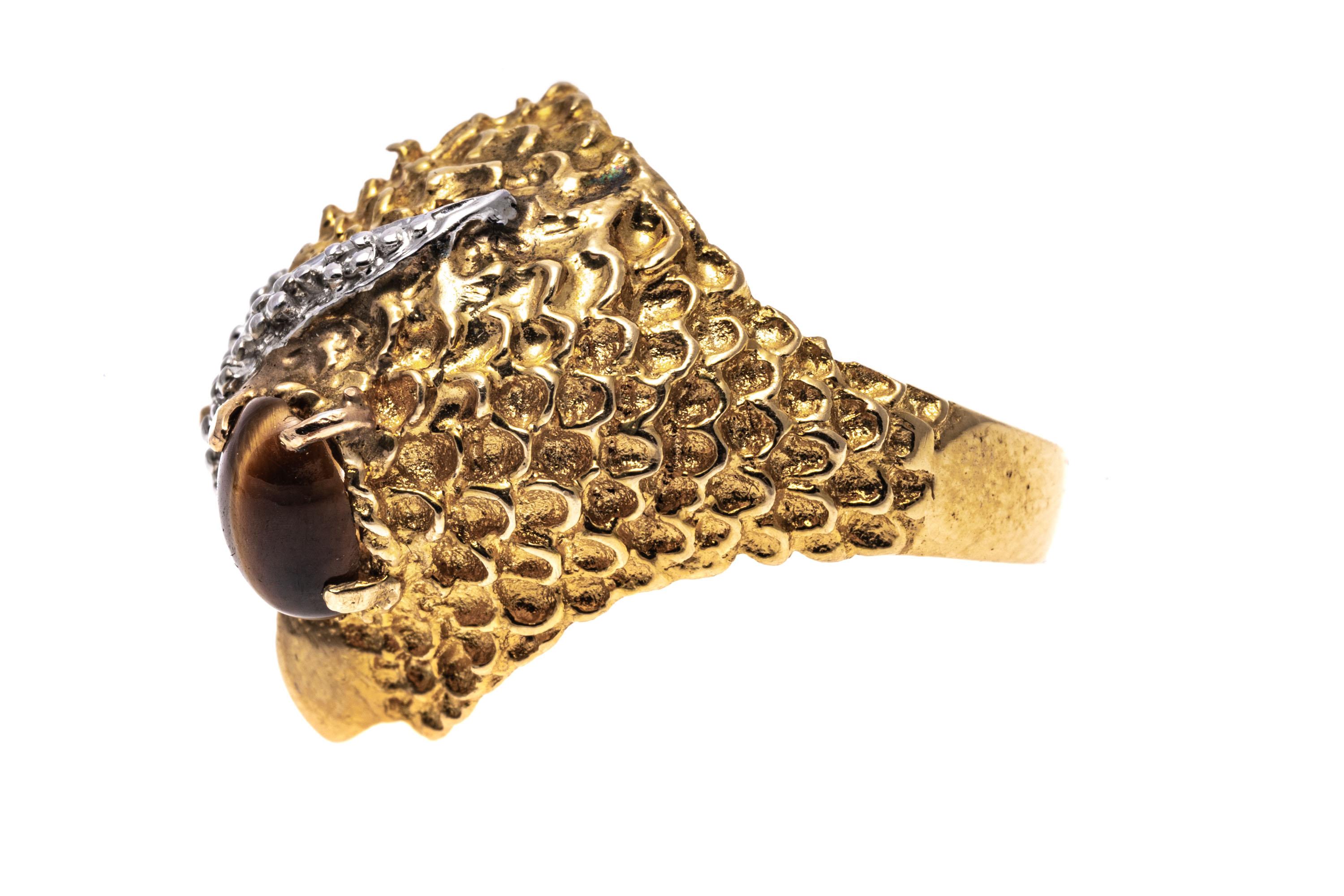 14k Texturierter Eulenkopf-Ring mit Diamanten, Größe 7,25 im Angebot 1