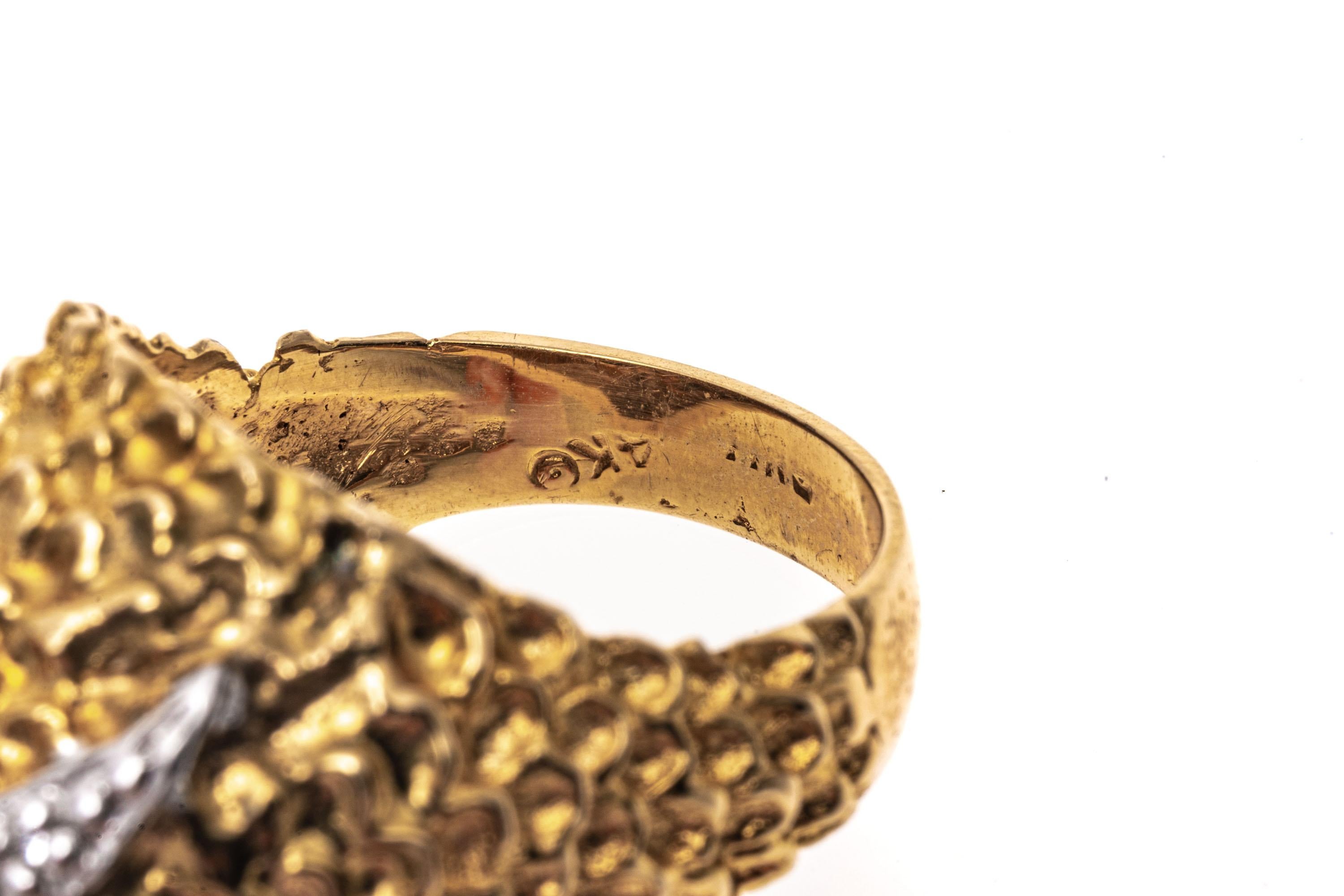 14k Texturierter Eulenkopf-Ring mit Diamanten, Größe 7,25 im Angebot 2