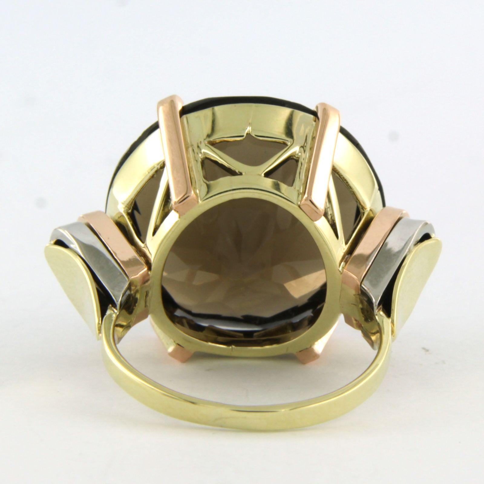 14k three-tone gold ring with smoky quartz - 13.2 grams - U.S 7.25 - EU 17.5(55) In Excellent Condition For Sale In The Hague, ZH