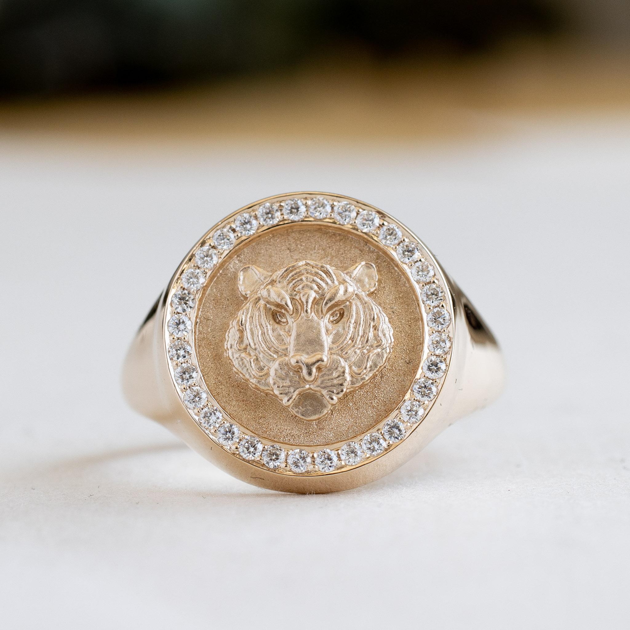 For Sale:  14K Tiger Diamond Signet Ring 2
