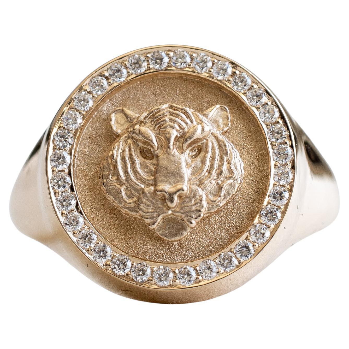 14K Tiger Diamond Signet Ring