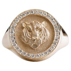 14K Tiger Diamond Signet Ring