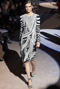 Tom Ford Fully Beaded Black White Zebra Long Sleeve Midi Dress with Fringe 42