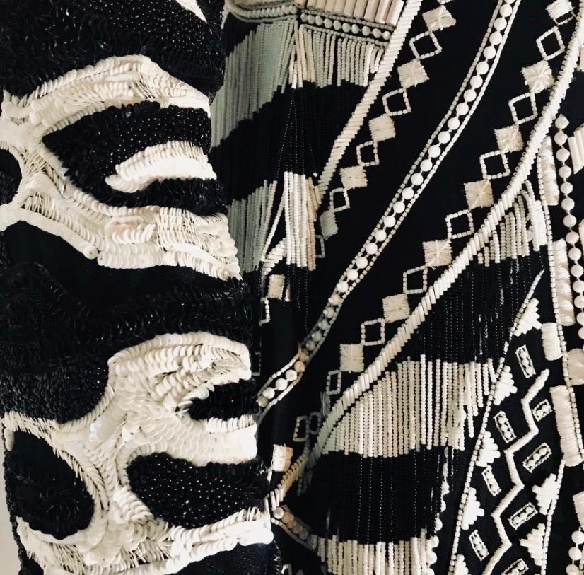 $14K Tom Ford Fully Beaded Black White Long Sleeve Midi Dress with Fringe It 42 In Excellent Condition For Sale In Montgomery, TX