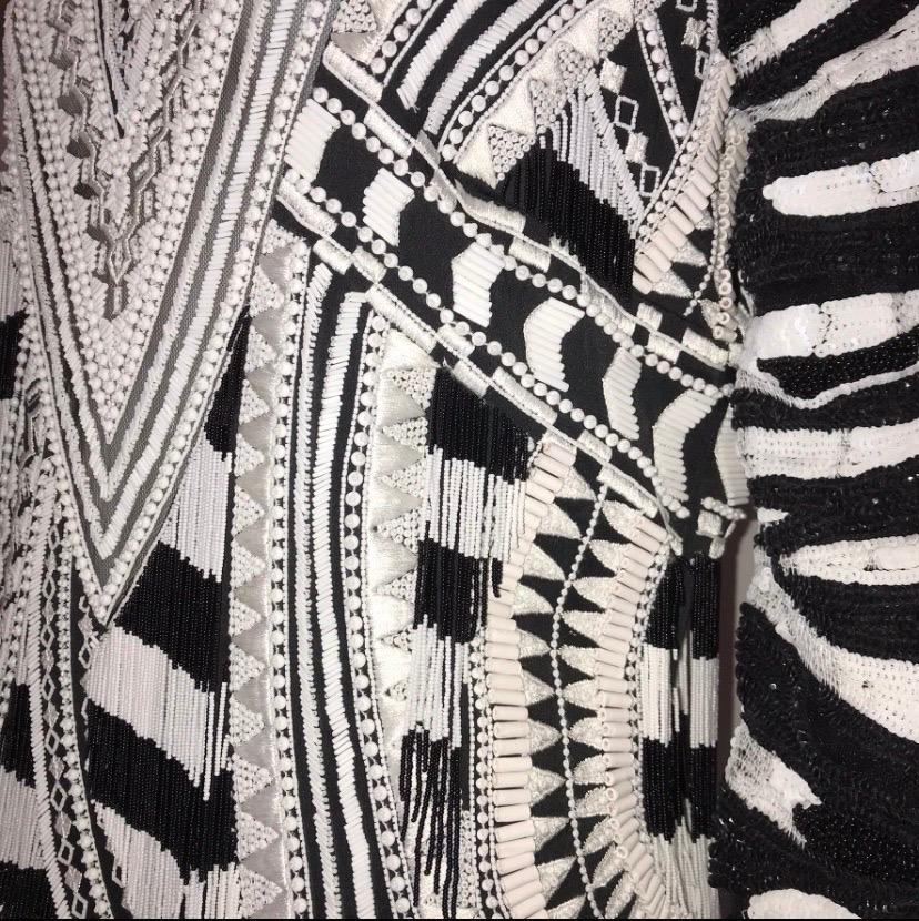 $14K Tom Ford Fully Beaded Black White Long Sleeve Midi Dress with Fringe It 42 For Sale 1