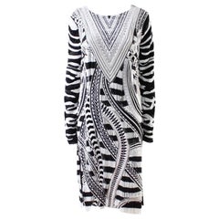 $14K Tom Ford Fully Beaded Black White Long Sleeve Midi Dress with Fringe It 42