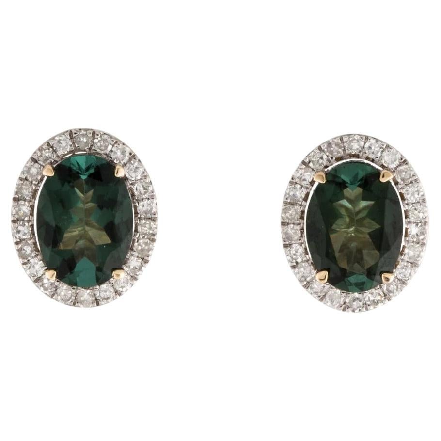 14K Tourmaline Diamond Halo Stud Earrings 1.91ctw - Fine Jewelry Green Gemstone For Sale