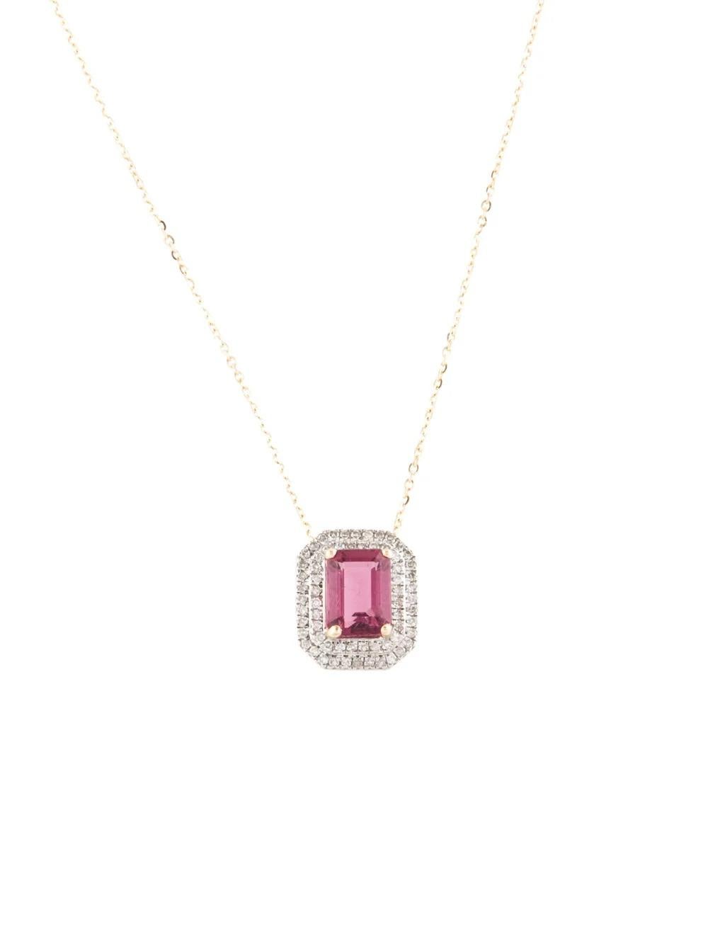 This captivating 14K Yellow Gold Pendant Necklace boasts a stunning 1.58 Carat Emerald Cut Tourmaline, accented by 64 dazzling Single Cut Diamonds totaling 0.35 carats. Crafted to perfection, this necklace exudes elegance and sophistication, making