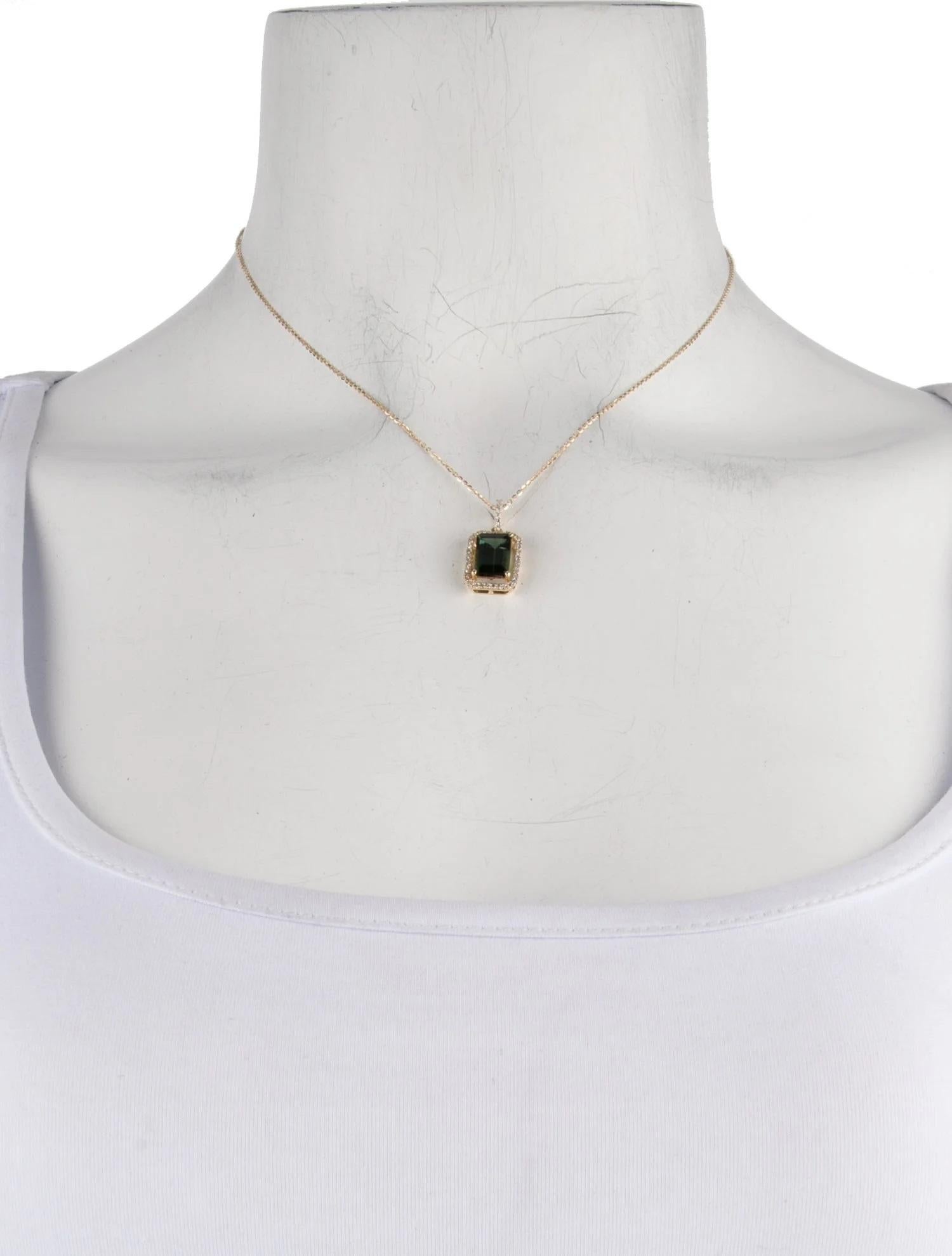 Artist 14K Tourmaline & Diamond Pendant Necklace  2.86 Carat Cut Cornered Rectangular  For Sale