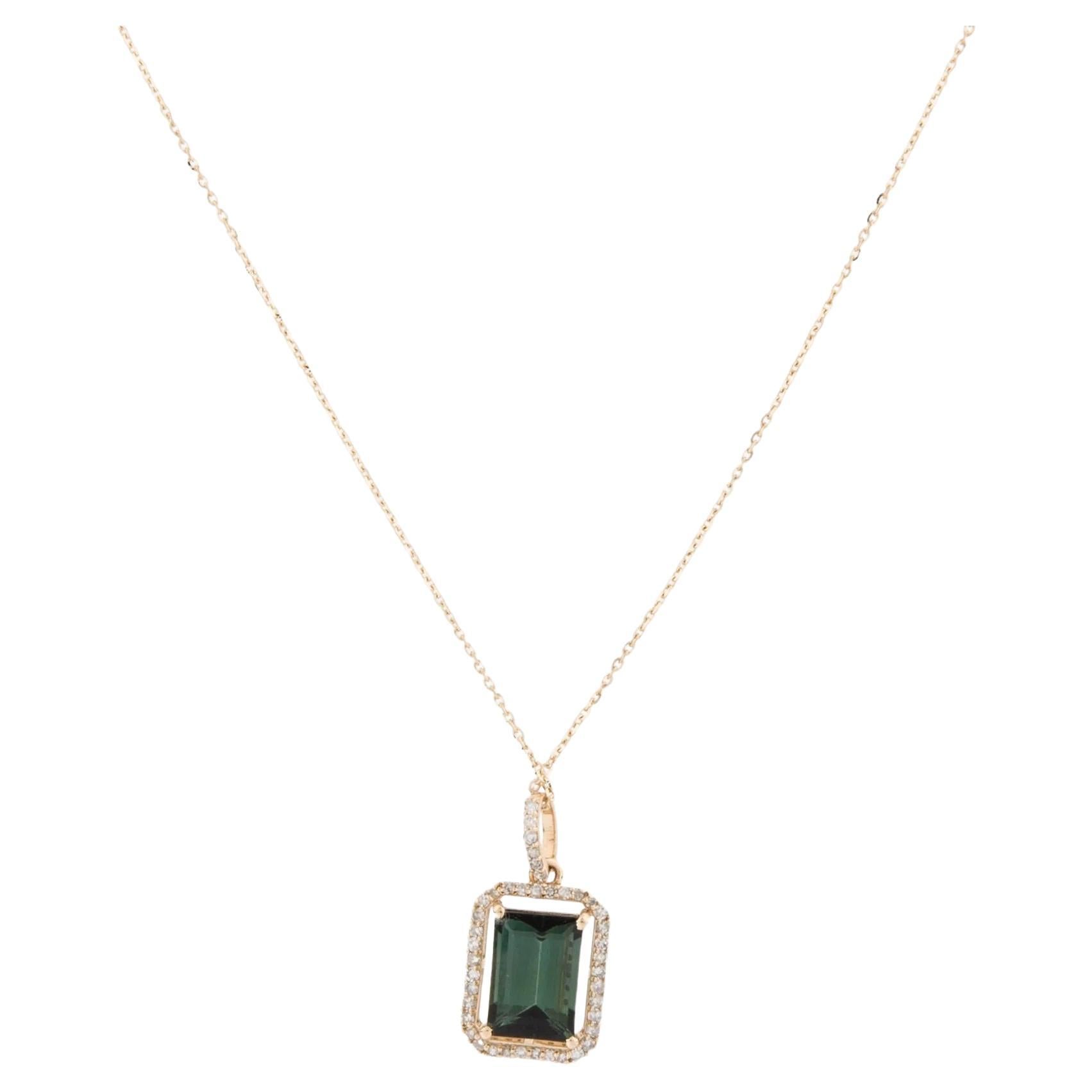 14K Tourmaline & Diamond Pendant Necklace  2.86 Carat Cut Cornered Rectangular  For Sale