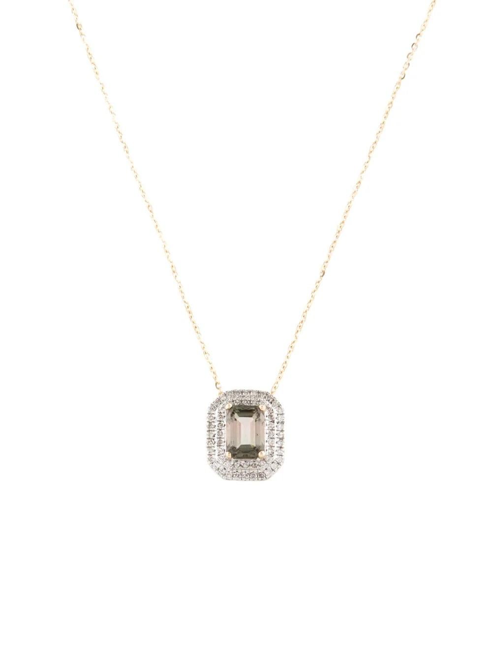 Experience timeless elegance with this exquisite pendant necklace crafted in 14K yellow gold. Adorned with a stunning 1.06 carat emerald-cut tourmaline, this piece exudes sophistication and luxury. Paired with 57 brilliant single-cut diamonds