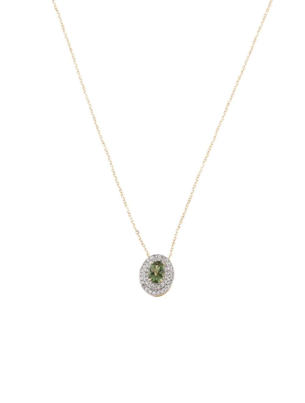 Elevate your style with this exquisite 14K Yellow Gold pendant necklace, featuring a captivating 0.49 Carat Faceted Oval Tourmaline and shimmering diamond accents.

SPECIFICATIONS:

* Metal Type: 14K Yellow Gold
* Total Item Weight: 2.5g
* Length: