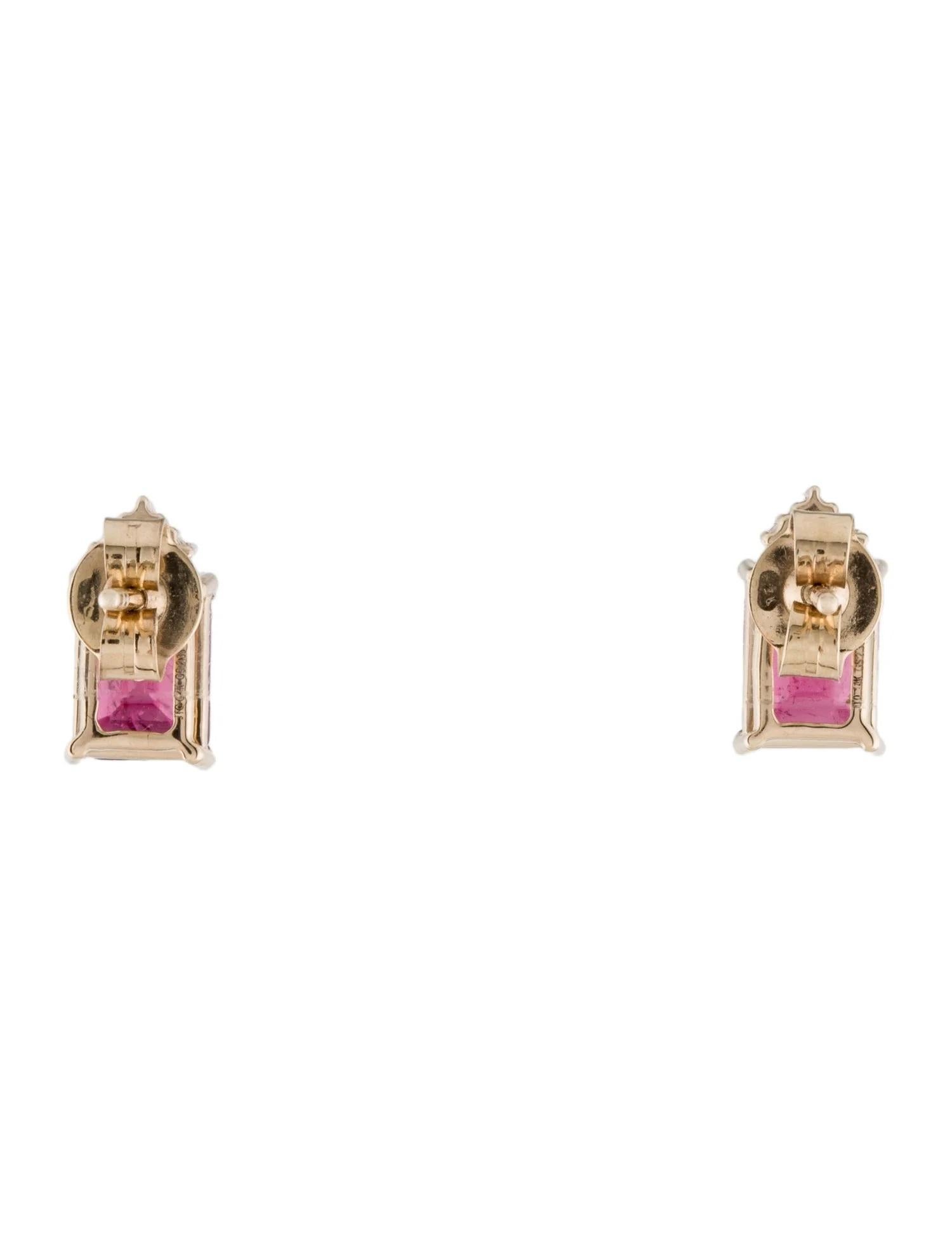 Elevate your style with these exquisite 14K Tourmaline & Diamond Stud Earrings. Crafted in luxurious yellow gold, each earring features a stunning 2.33 carat cut-cornered rectangular step-cut tourmaline in a vibrant pink hue. The tourmalines are