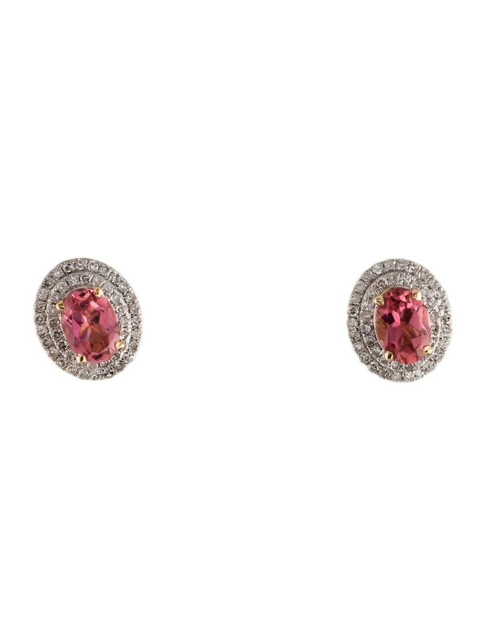 Indulge in the timeless elegance of these exquisite Rhodium-Plated 14K White Gold & 14K Yellow Gold earrings, adorned with a breathtaking 1.35 Carat Oval Modified Brilliant Tourmaline, radiating a captivating pink hue. Accompanied by 92 dazzling