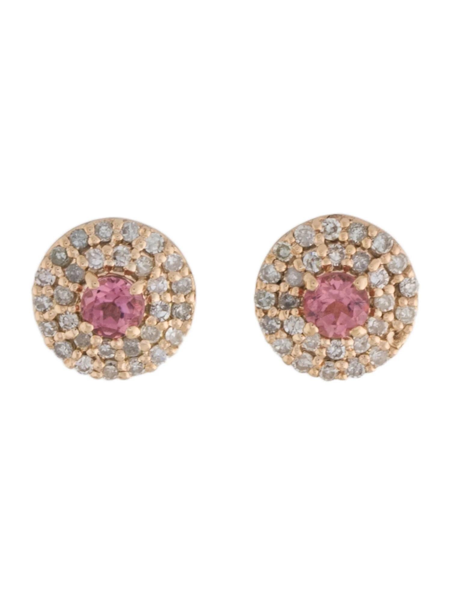 Round Cut 14K Tourmaline & Diamond Stud Earrings - Pink Tourmaline, Single Cut Diamonds For Sale