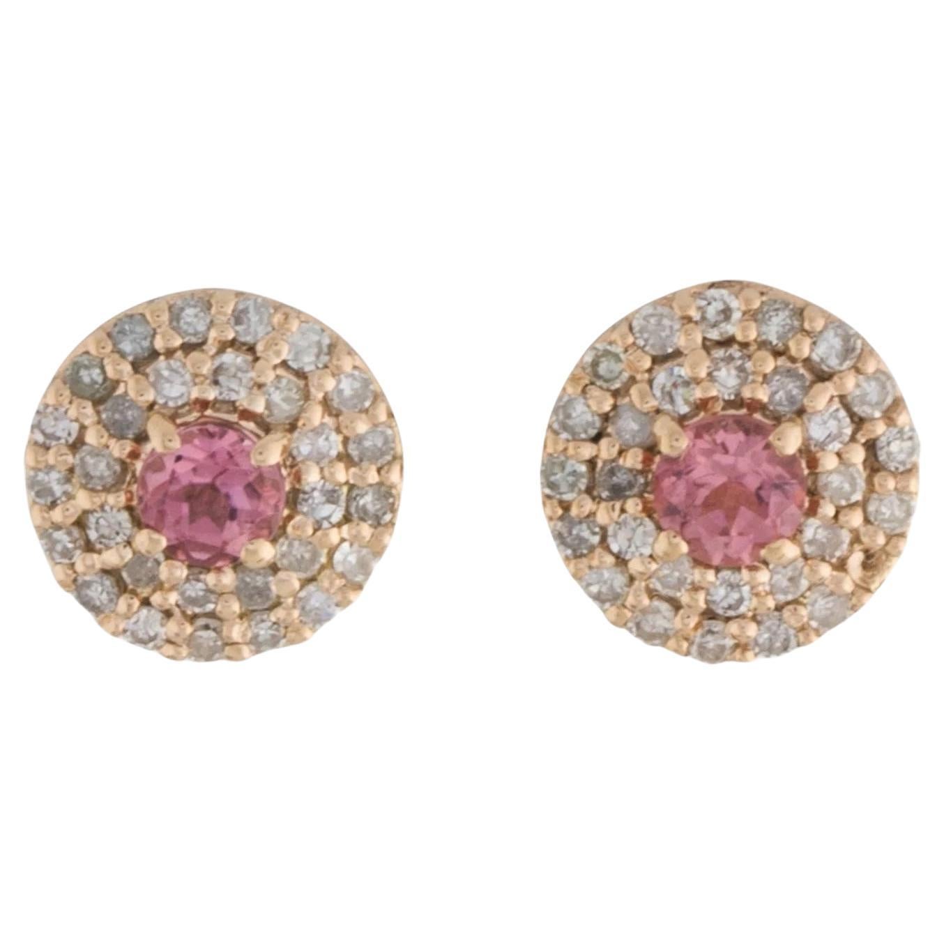 14K Tourmaline & Diamond Stud Earrings - Pink Tourmaline, Single Cut Diamonds For Sale