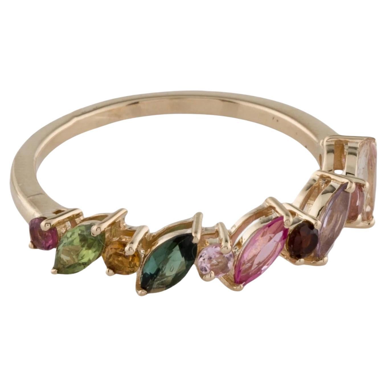 14K Tourmaline Multicolor Band Ring with Marquise and Round Brilliant Cut, Size