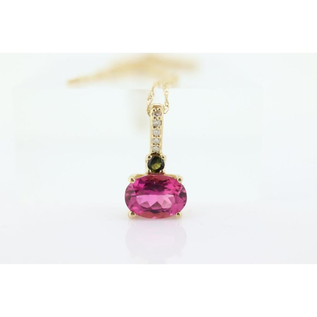 Pendentif 14k Tourmaline Solitaire. Pendentif 14k en Tourmaline rose et verte. Rose Pour femmes en vente