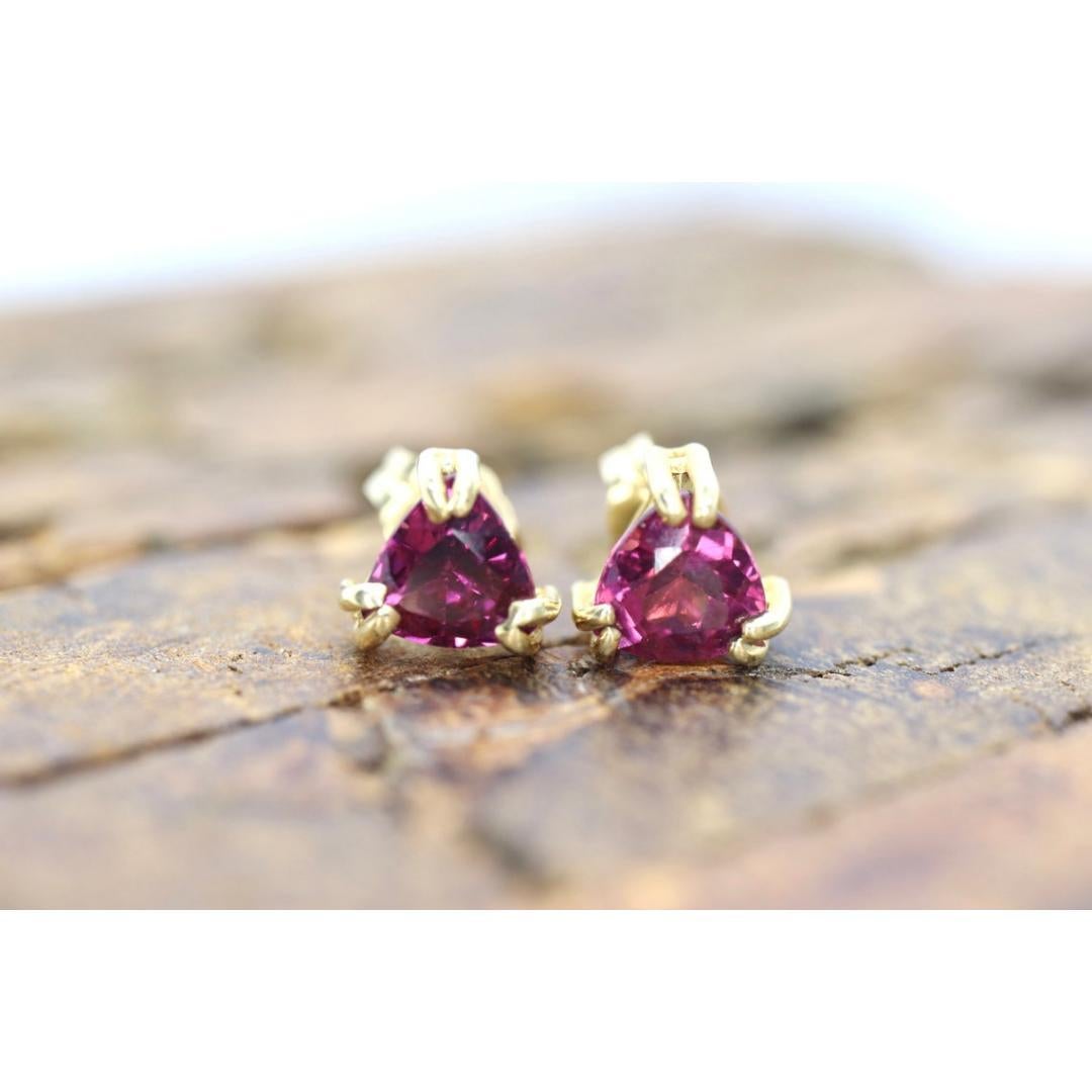 14k Tourmaline Stud Earrings. Rubellite Pink Tourmaline Trillion Cut Stud Prong For Sale 2