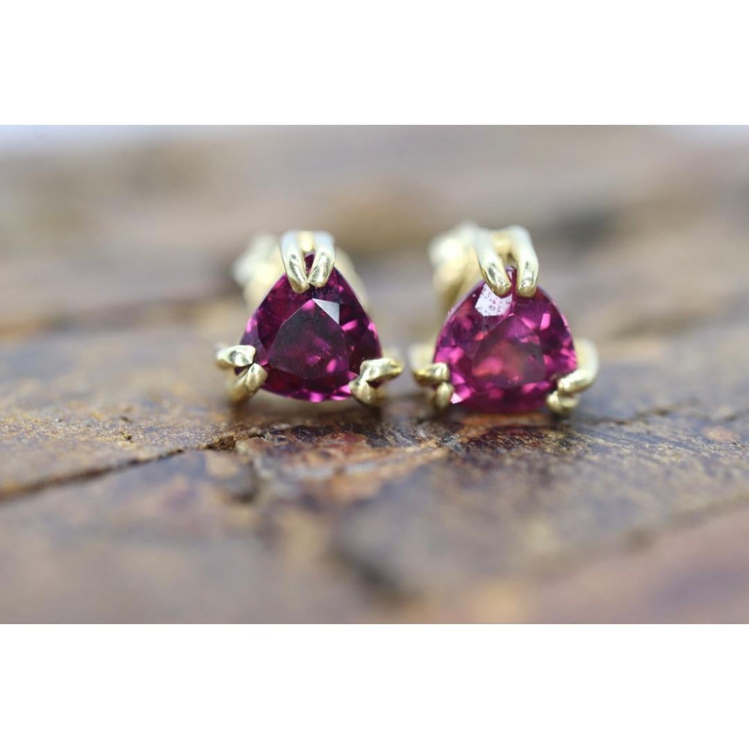 14k Tourmaline Stud Earrings. Rubellite Pink Tourmaline Trillion Cut Stud Prong For Sale 4