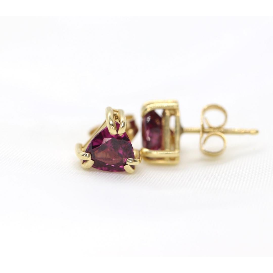 14k Tourmaline Stud Earrings. Rubellite Pink Tourmaline Trillion Cut Stud Prong For Sale 5