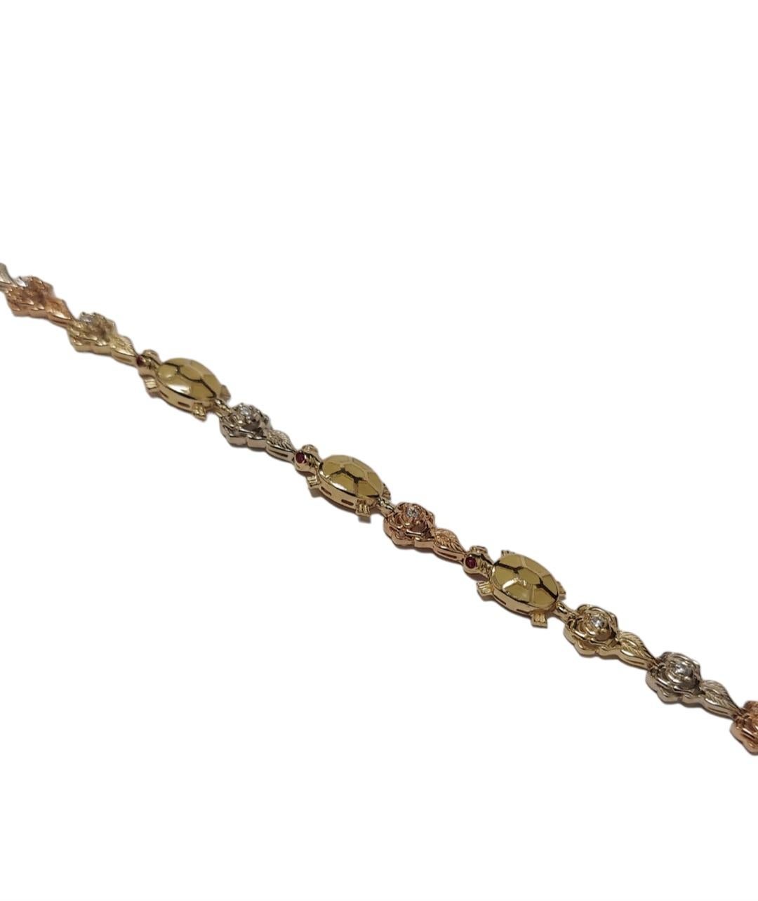 Description
Brand - Stamp
Gender - Ladies 
Style - Bracelet 
Metals - 14k Tri tone gold 
Gemstone - Diamond 
Length - 7 1/2 inches 
Weight - 10.6 Grams
(New Jewelry Box Included)