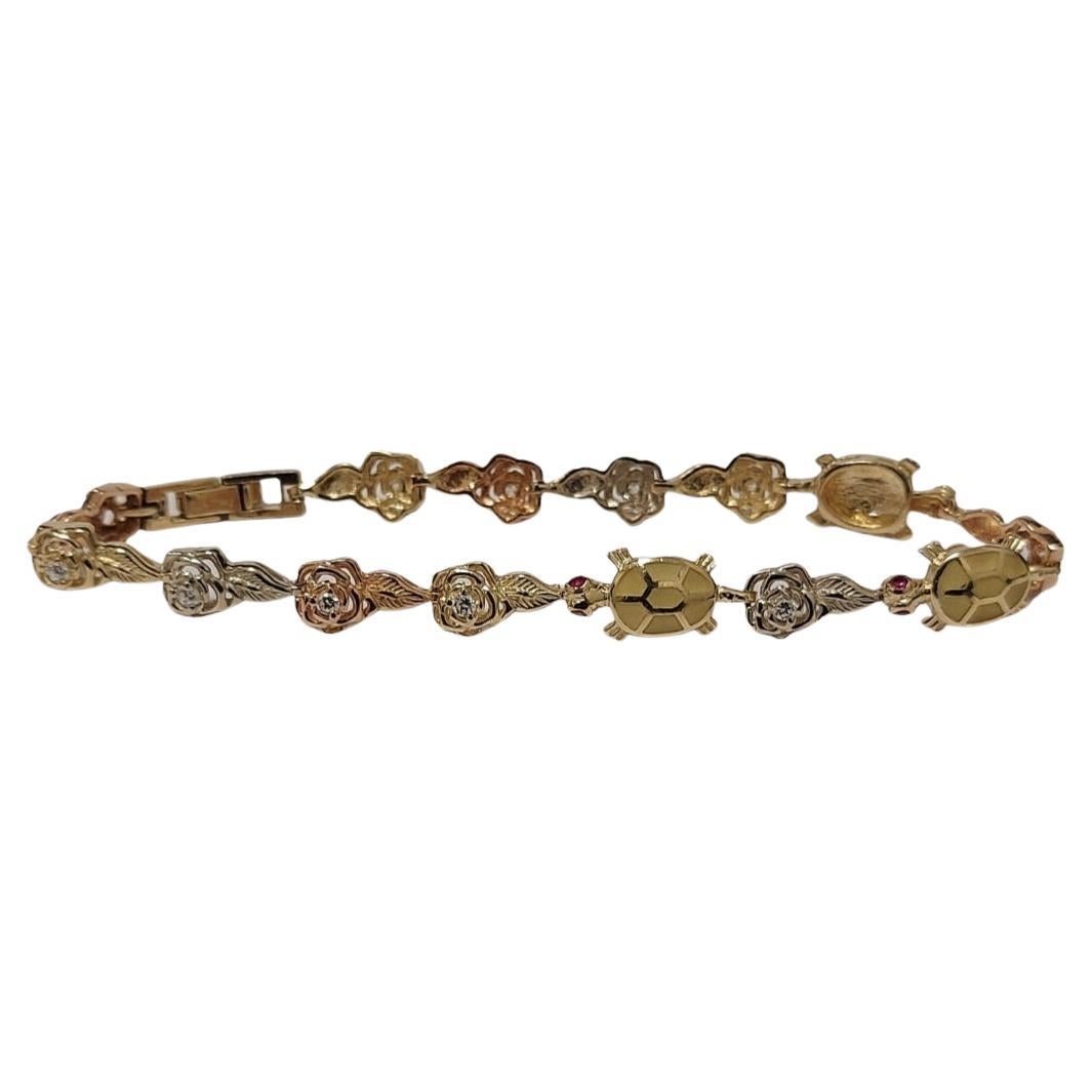  14k Tr-Tone Ladies turtle & Flower Diamond Bracelet  For Sale