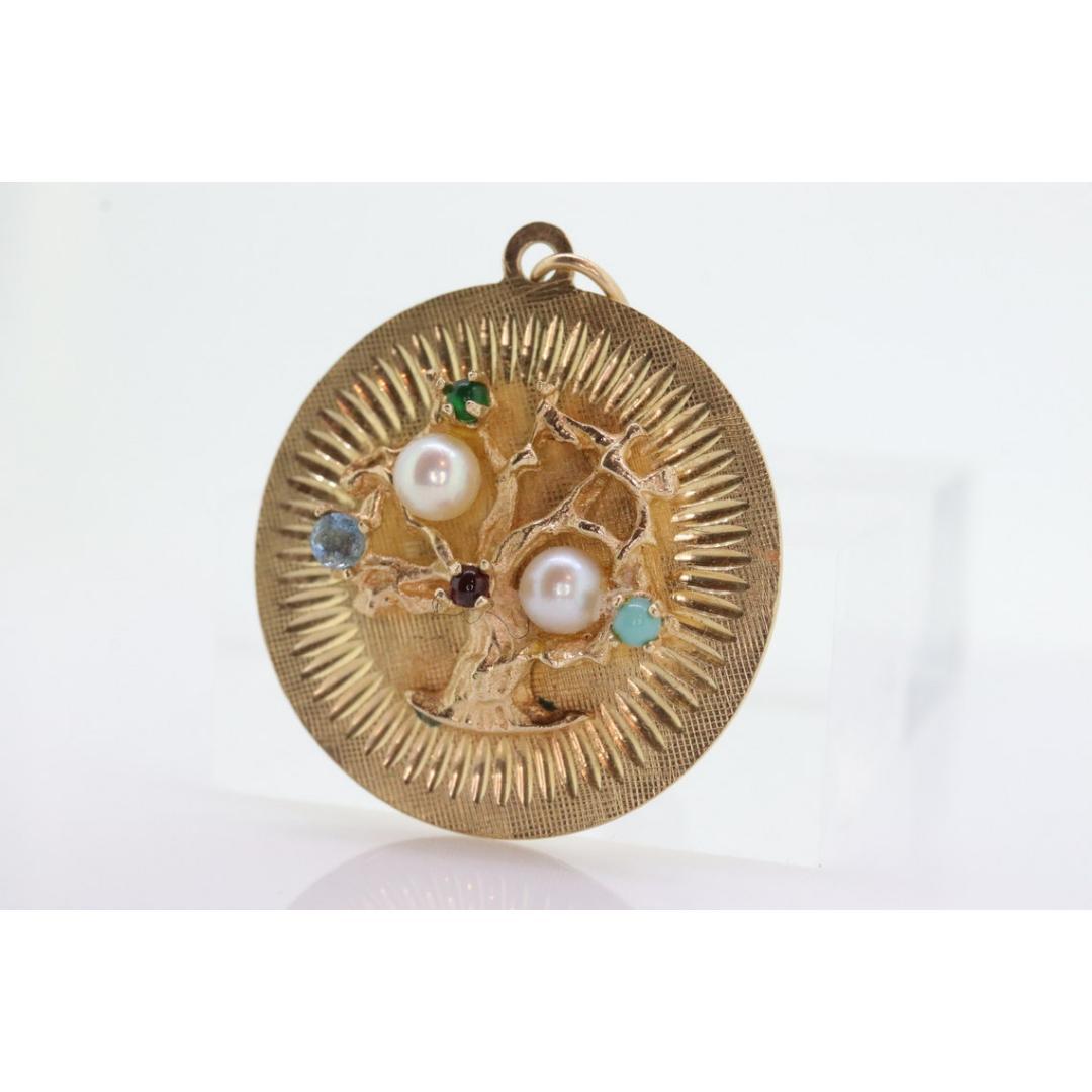14k Tree of Life Round Medallion Pendant. Turquoise Pearls Emerald Ruby In Good Condition For Sale In Port Charlotte, FL
