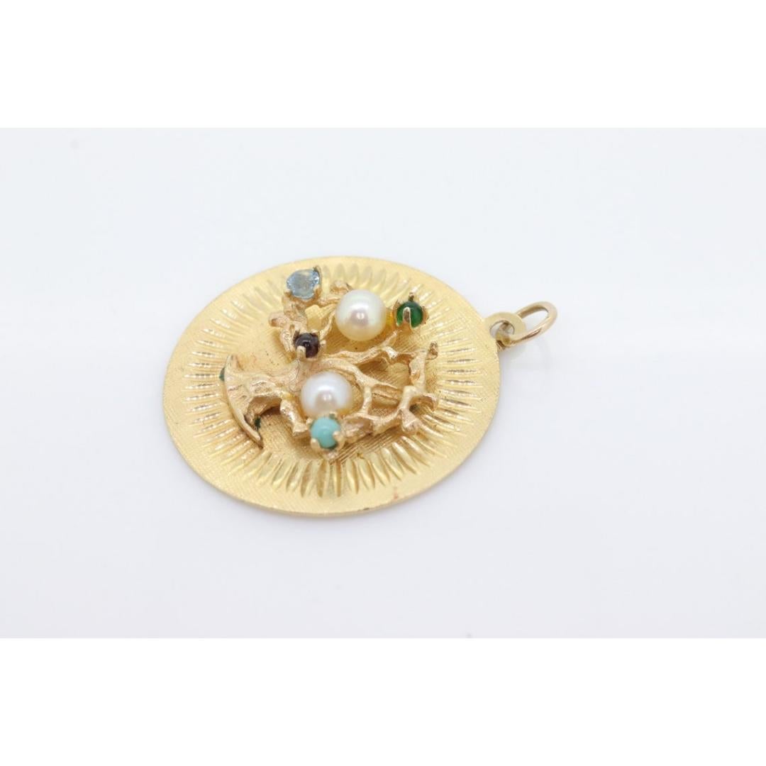 Women's 14k Tree of Life Round Medallion Pendant. Turquoise Pearls Emerald Ruby For Sale