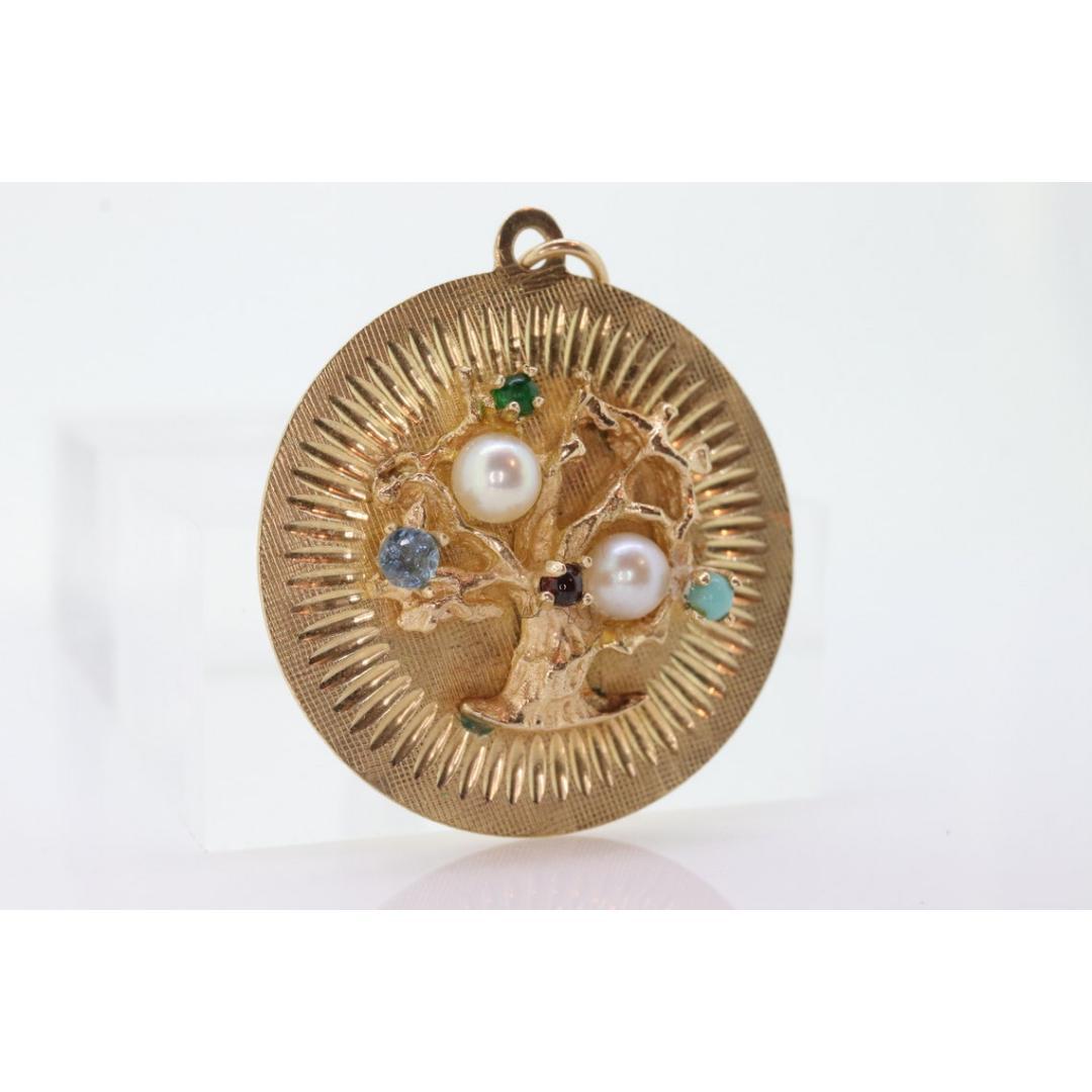 14k Tree of Life Round Medallion Pendant. Turquoise Pearls Emerald Ruby For Sale 2