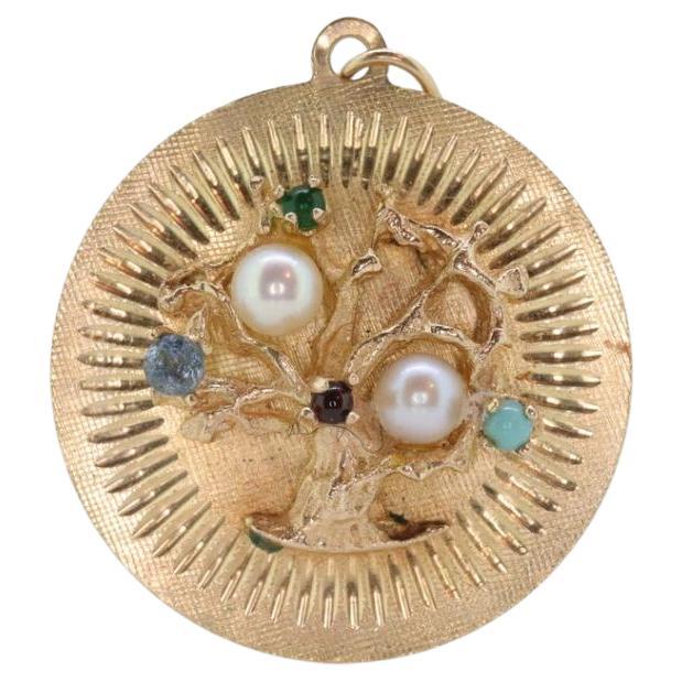 14k Tree of Life Round Medallion Pendant. Turquoise Pearls Emerald Ruby For Sale