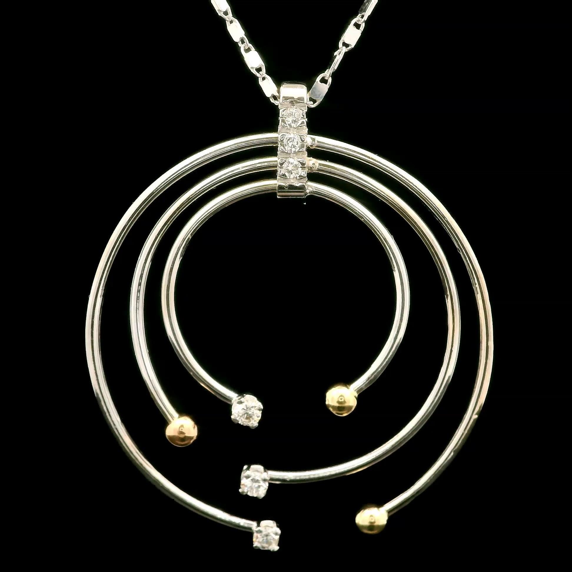 Women's 14k Tri Color 0.20ctw Diamond Concentric Artistic Circles Pendant on Fancy Link For Sale